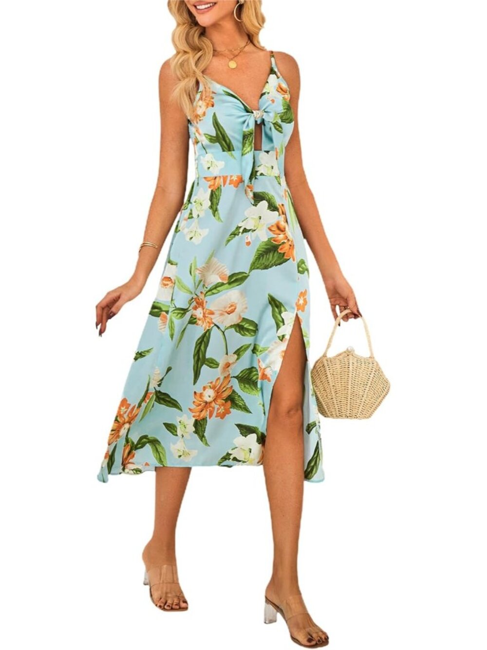 〽️Women Green Blue Floral Satin Midi Dress Spaghetti Strap Tie Front Side Slit A